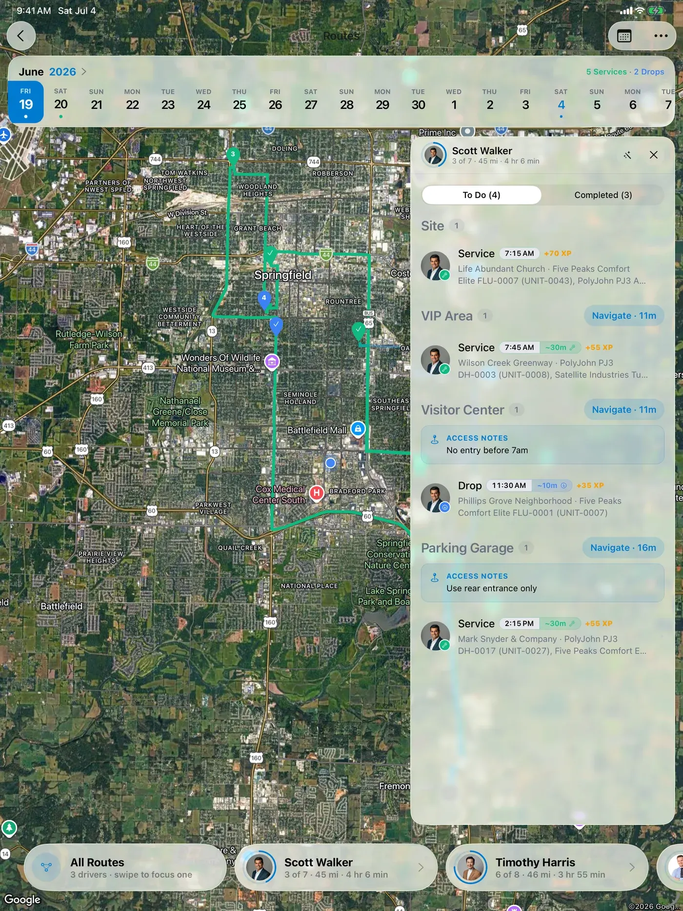 DropHaul route planning on iPad, showing service routes and their stops.