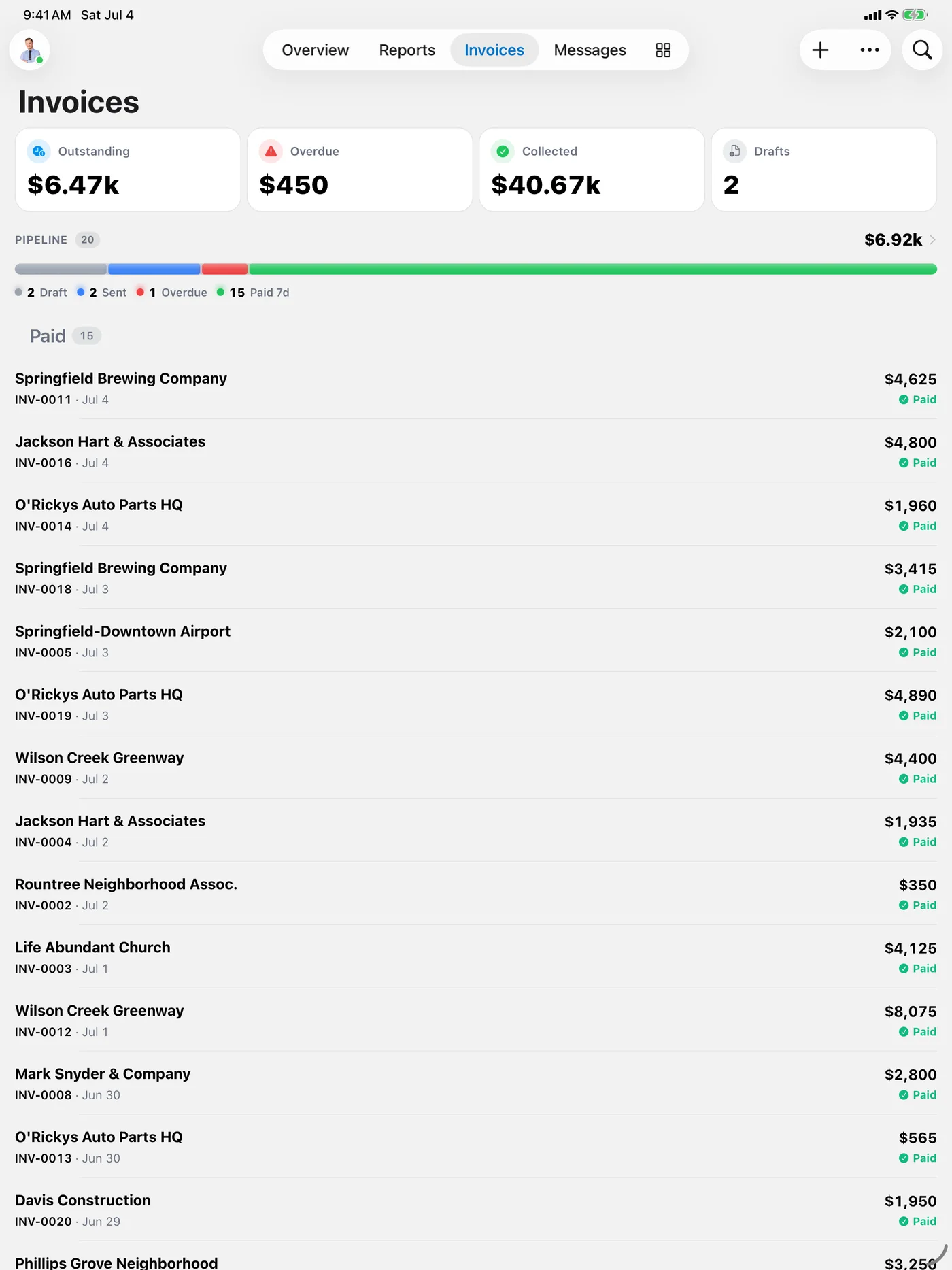 Invoices workspace with outstanding, overdue, and collected totals on iPadOS