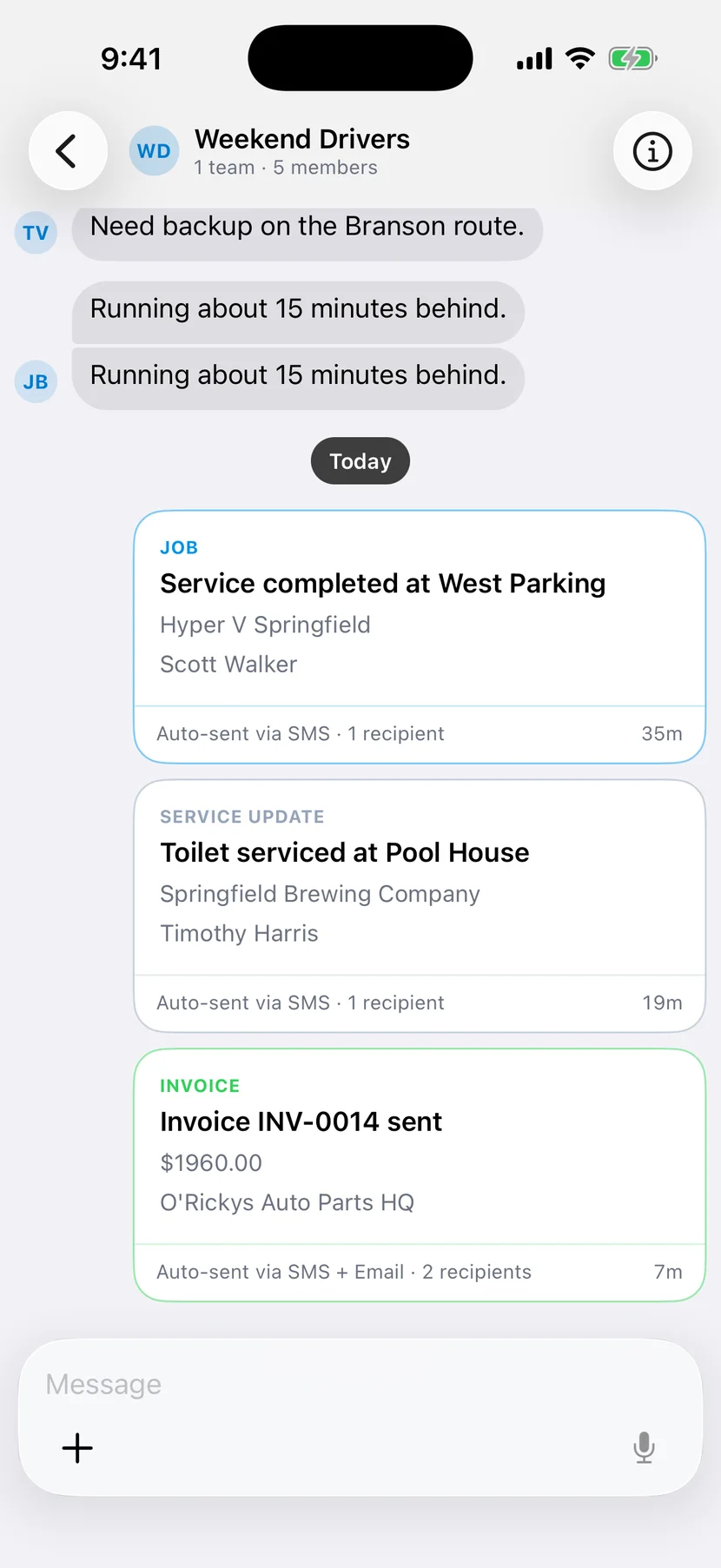 DropHaul app showing office and driver messages