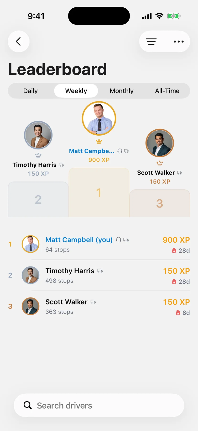 Driver ranks and standings on the leaderboard on iOS